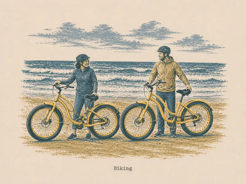 Rubber-stamp illustration of two helmeted riders with yellow beach cruisers, captioned Biking