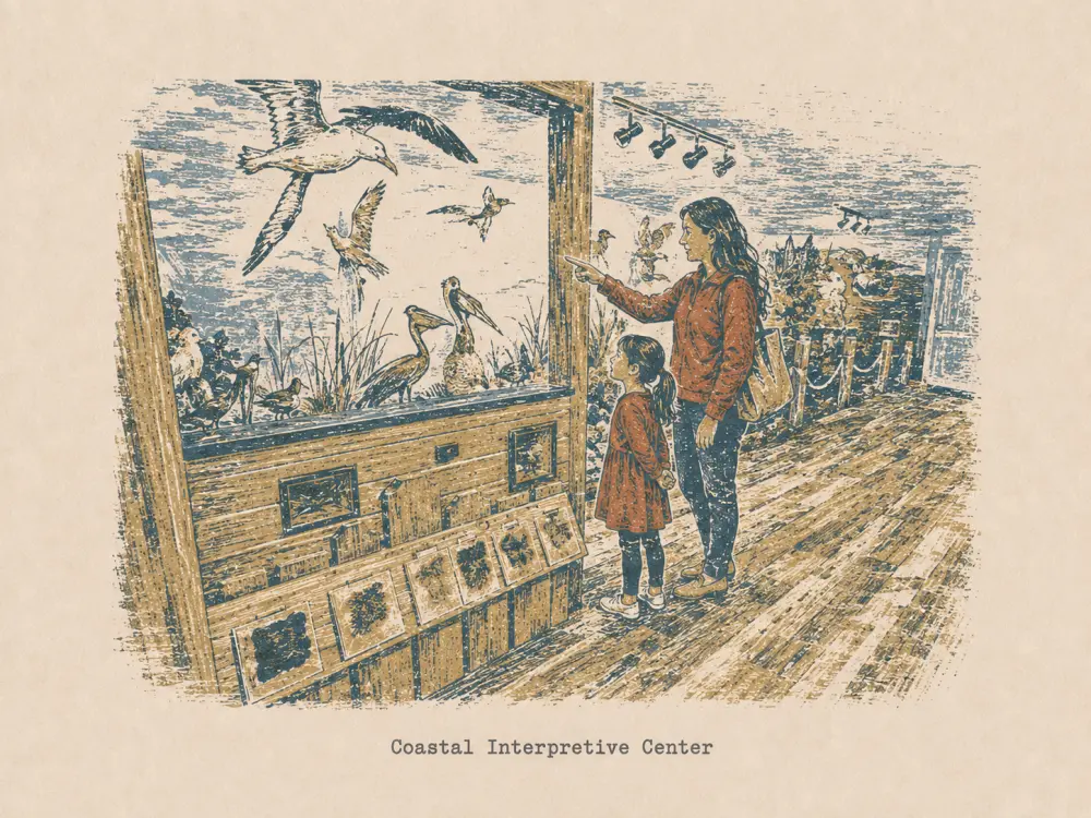 Woodcut-style illustration of a mother and daughter exploring bird exhibits, captioned Coastal Interpretive Center