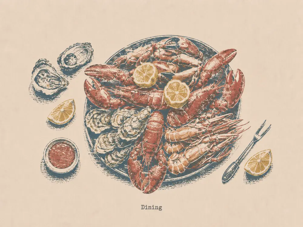 Rubber-stamp illustration of a seafood platter with shellfish and lemons, captioned Dining