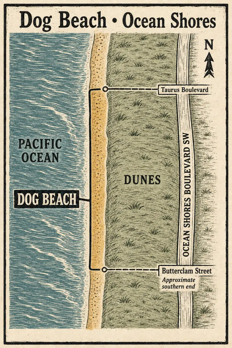 Illustrative map highlighting Dog Beach south of Taurus Boulevard to approximately Butterclam Street, with the Pacific west and dunes east