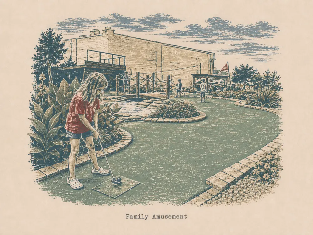 Woodcut-style illustration of a girl playing miniature golf, captioned Family Amusement