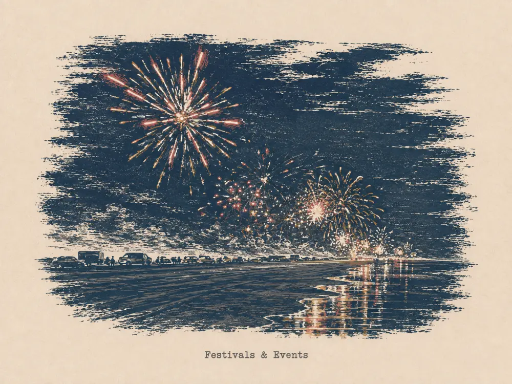 Woodcut-style illustration of fireworks reflected on the beach, captioned Festivals & Events