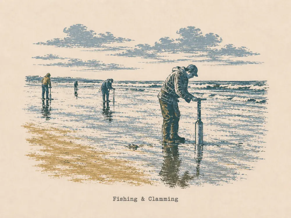 Woodcut-style illustration of razor clam diggers on the beach, captioned Fishing & Clamming