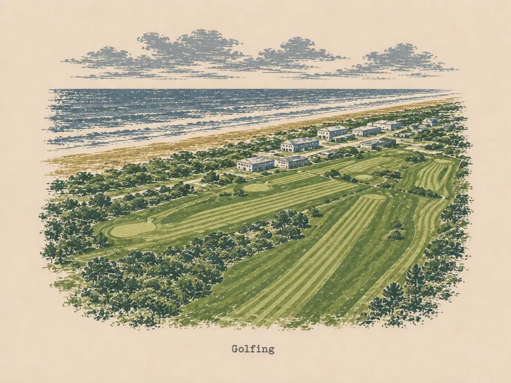 Rubber-stamp illustration of coastal golf fairways beside the ocean, captioned Golfing