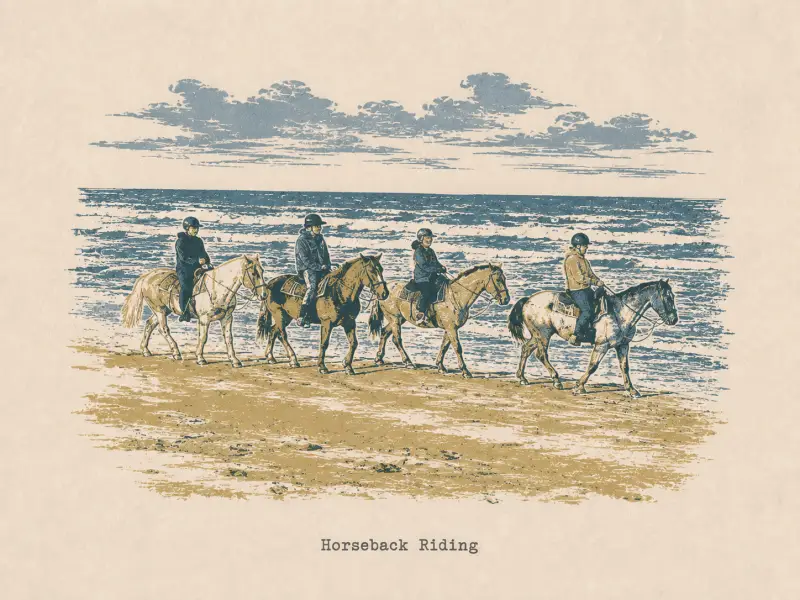 Rubber-stamp illustration of four riders on the beach, captioned Horseback Riding