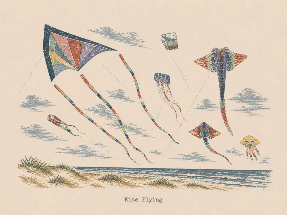 Woodcut-style illustration of colorful kites and flowing tails above the coast, captioned Kite Flying