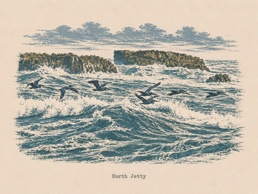 Woodcut-style illustration of pelicans flying above breaking waves and rocks, captioned North Jetty