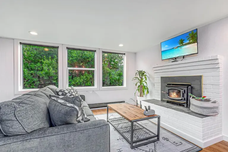 Living room and fireplace in Tidal House Chalet 6.