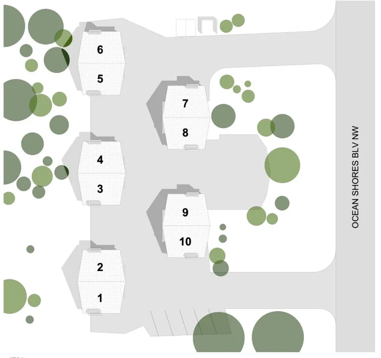 Property map showing Tidal House Chalets 1 through 10 and Ocean Shores Boulevard NW along the east side