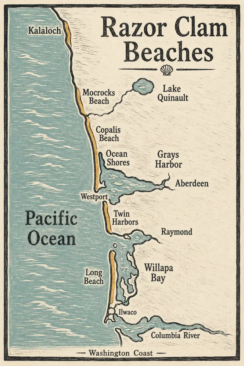 Illustrated Washington coast map showing Kalaloch, Mocrocks, Copalis, Twin Harbors, and Long Beach from north to south