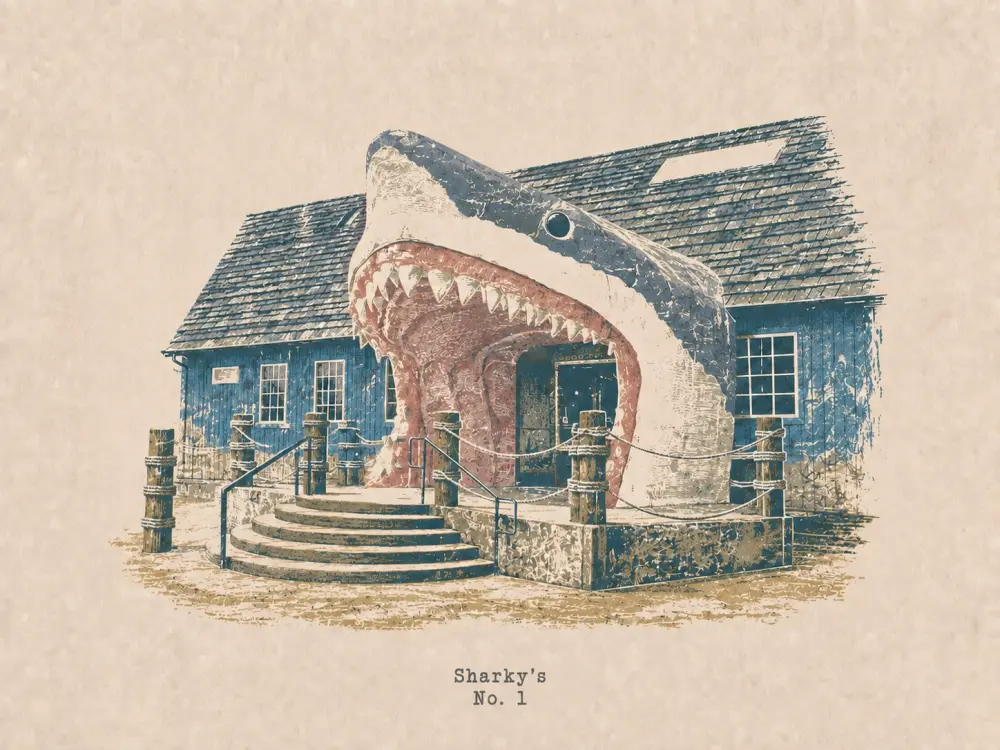 Woodcut-style illustration of the shark-mouth shop entrance, captioned Sharky's, No. 1