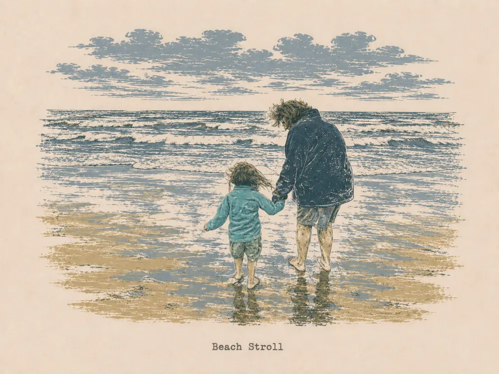 Woodcut-style illustration of an adult and child holding hands on wet sand, captioned Beach Stroll