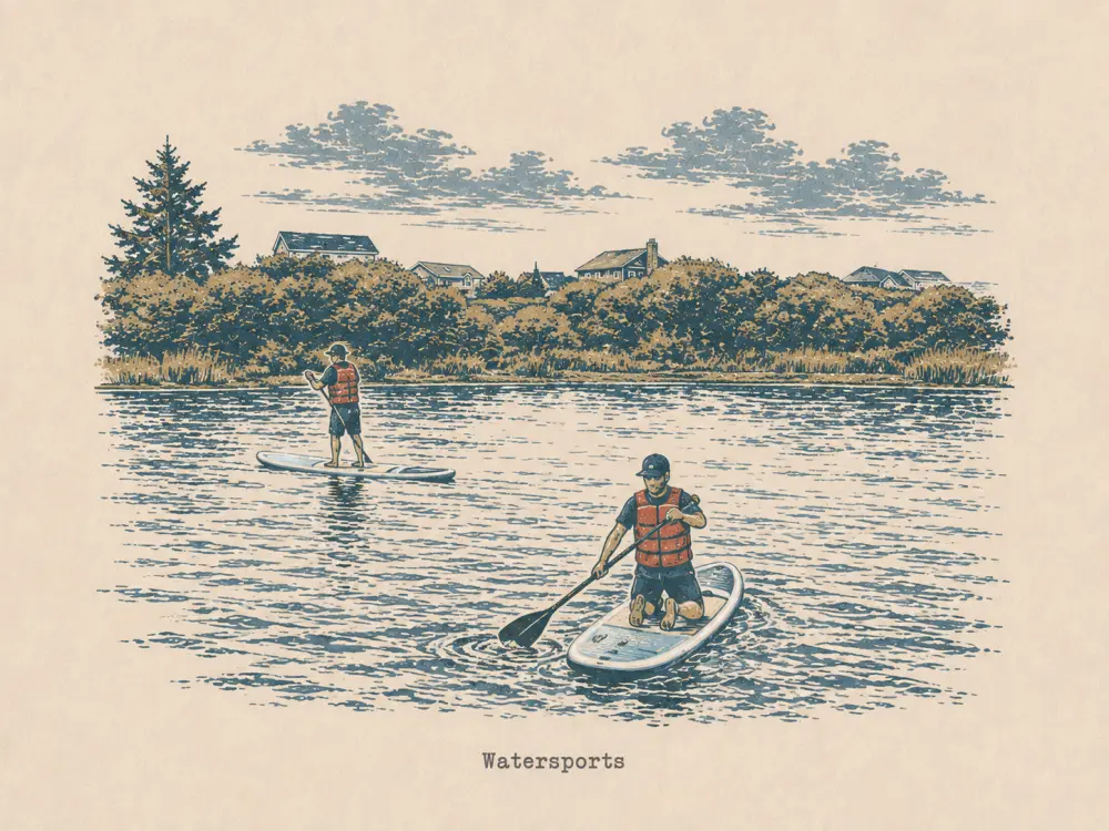 Woodcut-style illustration of two paddleboarders on calm water, captioned Watersports