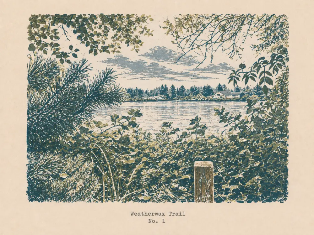Woodcut-style lake view framed by foliage, captioned Weatherwax Trail, No. 1