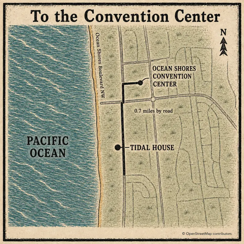 Woodcut-style street map highlighting the 0.7-mile route from Tidal House to the Ocean Shores Convention Center