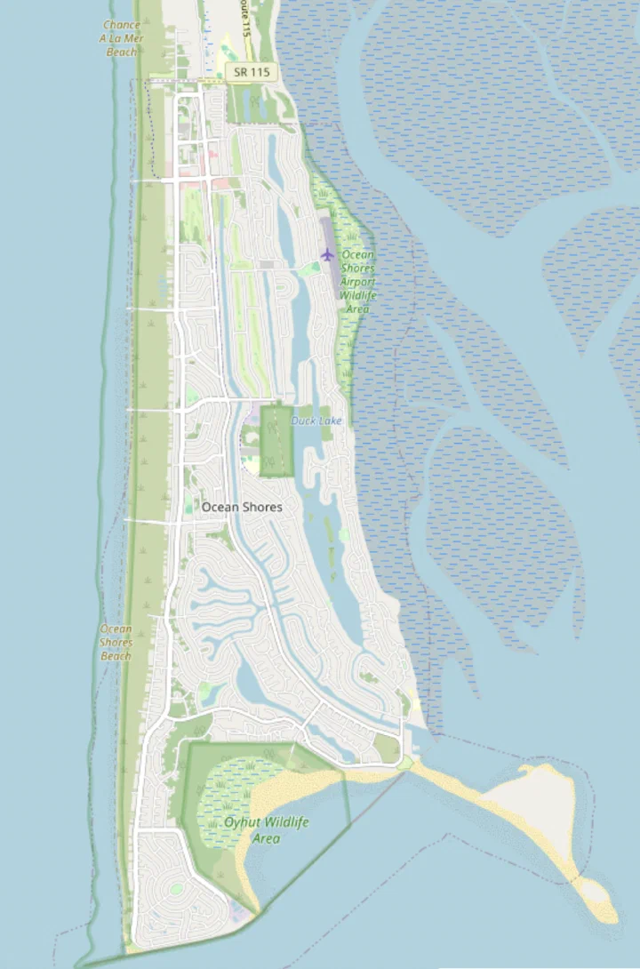 Map of Ocean Shores: North Jetty at the southwest tip, Oyhut Wildlife Area just inland to the east, and Damon Point extending southeast into Grays Harbor.