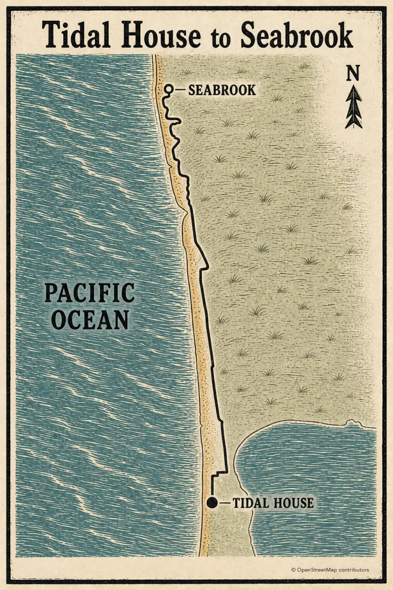 Woodcut-style coastal map showing the route north from Tidal House in Ocean Shores to Seabrook, with the Pacific Ocean to the west